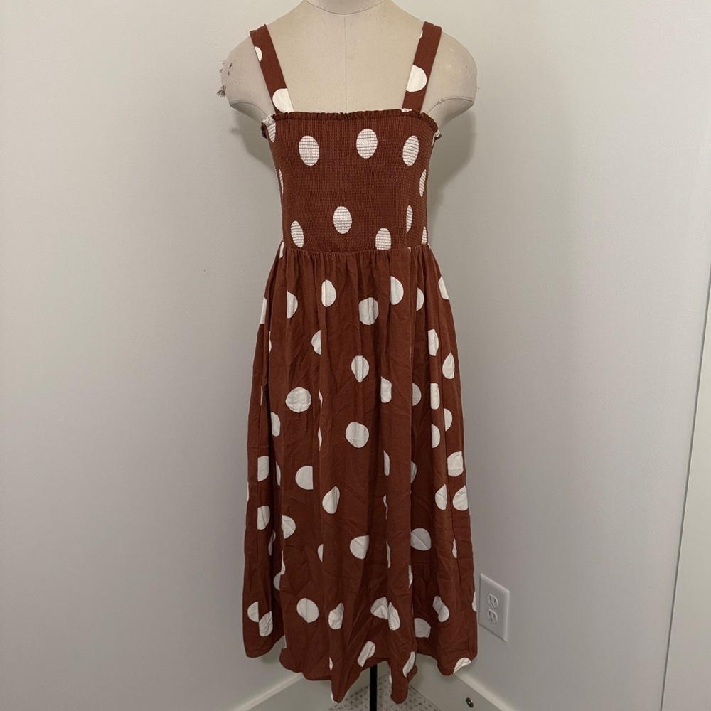 Blu Pepper Medium Polka Dot Smocked Midi Dress ~ Classic Preppy